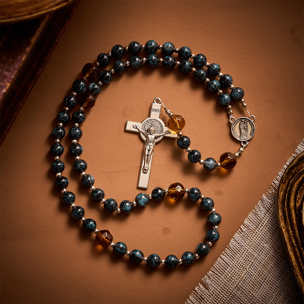 SolaceBeads Starry Cat Eye &amp; Amber Glass Beads Rosary: Starry Grace - San Nicolas Medal &amp; Crucifix - image 6