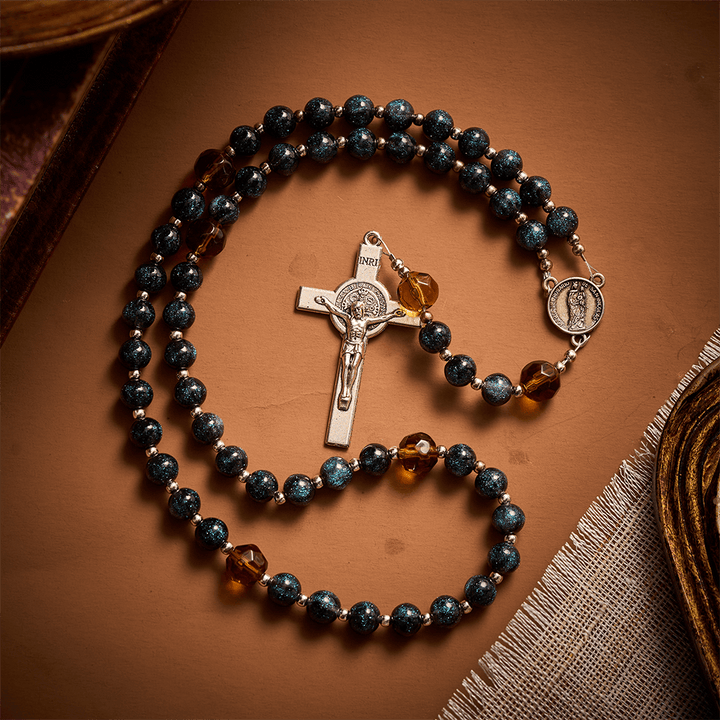 SolaceBeads Starry Cat Eye &amp; Amber Glass Beads Rosary: Starry Grace - San Nicolas Medal &amp; Crucifix - image 6
