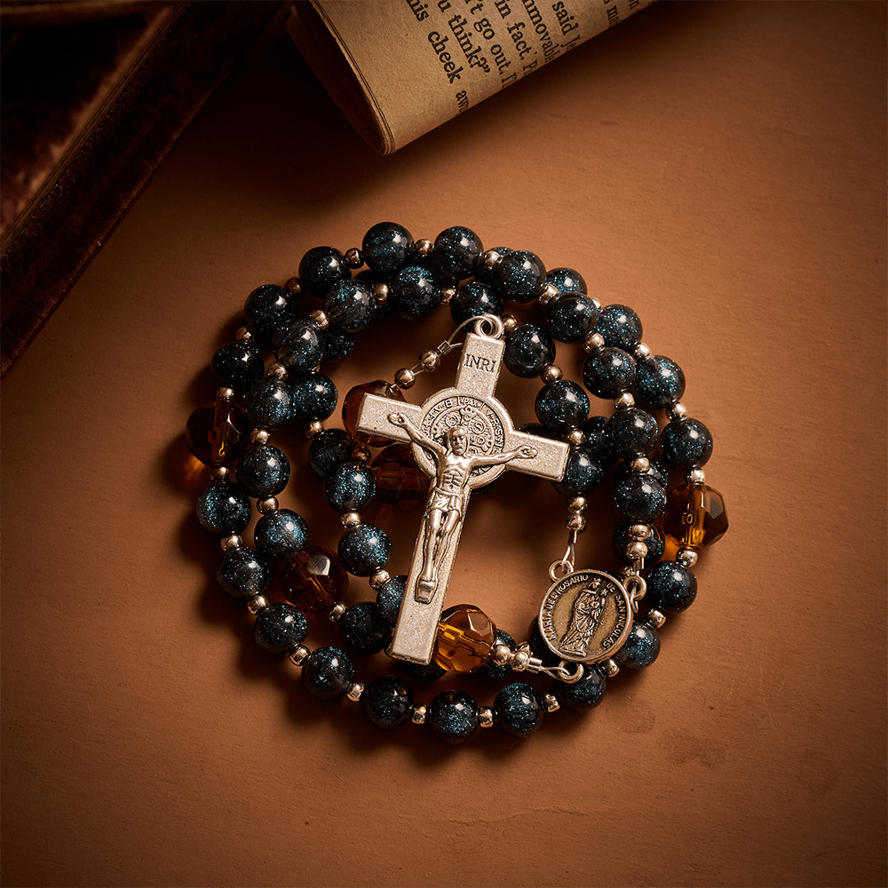 SolaceBeads Starry Cat Eye &amp; Amber Glass Beads Rosary: Starry Grace - San Nicolas Medal &amp; Crucifix - image 5
