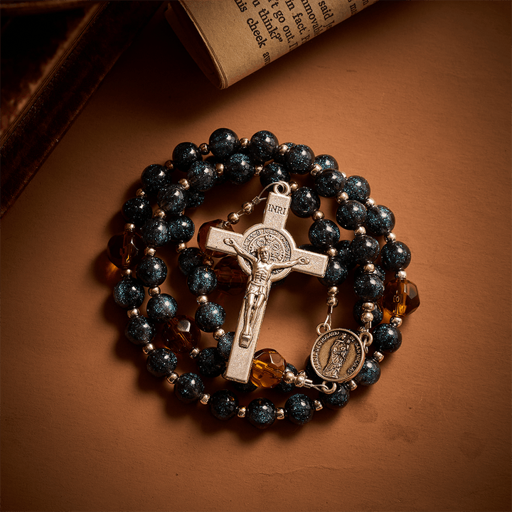 SolaceBeads Starry Cat Eye &amp; Amber Glass Beads Rosary: Starry Grace - San Nicolas Medal &amp; Crucifix - image 5
