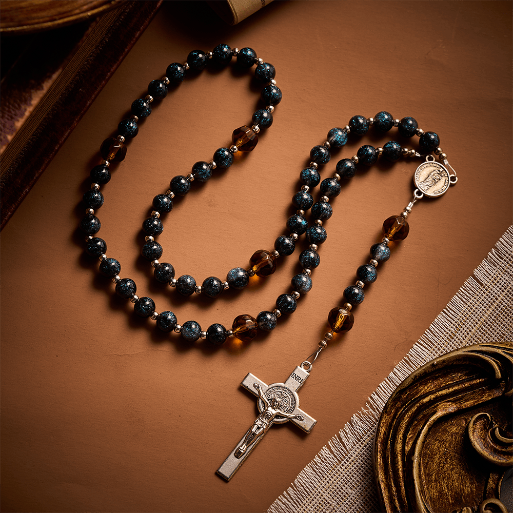 SolaceBeads Starry Cat Eye &amp; Amber Glass Beads Rosary: Starry Grace - San Nicolas Medal &amp; Crucifix - image 8