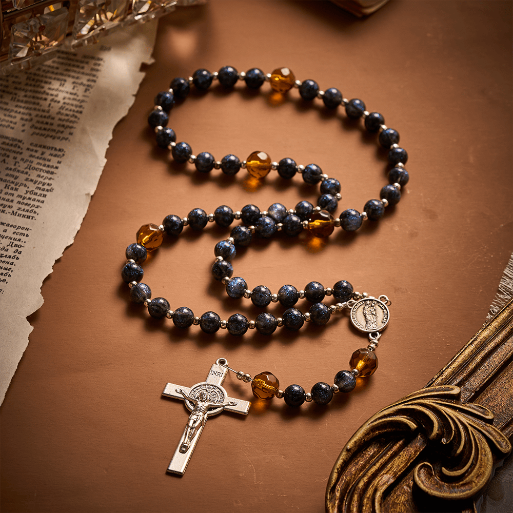 SolaceBeads Starry Cat Eye & Amber Glass Beads Rosary: Starry Grace - San Nicolas Medal & Crucifix - Starry Black & Amber - image 0