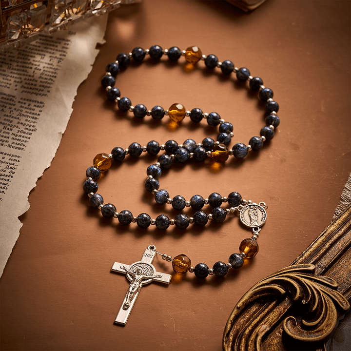 SolaceBeads Starry Cat Eye &amp; Amber Glass Beads Rosary: Starry Grace - San Nicolas Medal &amp; Crucifix - Starry Black &amp; Amber - image 0