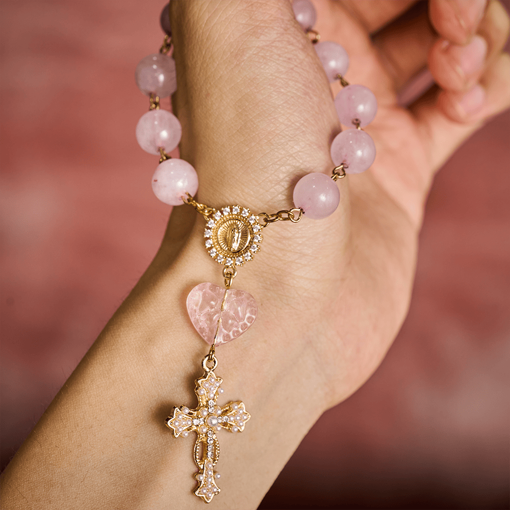 SolaceBeads Artisan Rose Quartz Pocket Rosary: Soft Pink Beads with Sacred Cross &amp; Marian Accents - image 1