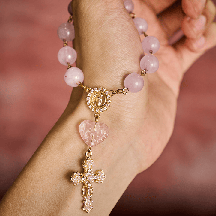 SolaceBeads Artisan Rose Quartz Pocket Rosary: Soft Pink Beads with Sacred Cross &amp; Marian Accents - image 1