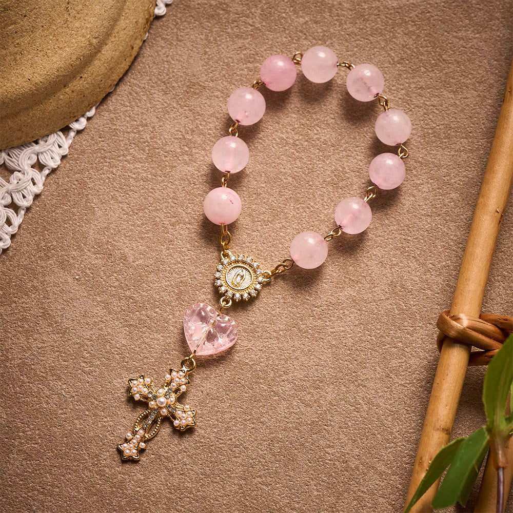 SolaceBeads Artisan Rose Quartz Pocket Rosary: Soft Pink Beads with Sacred Cross &amp; Marian Accents - image 2