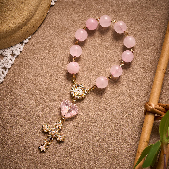 SolaceBeads Artisan Rose Quartz Pocket Rosary: Soft Pink Beads with Sacred Cross &amp; Marian Accents - image 2