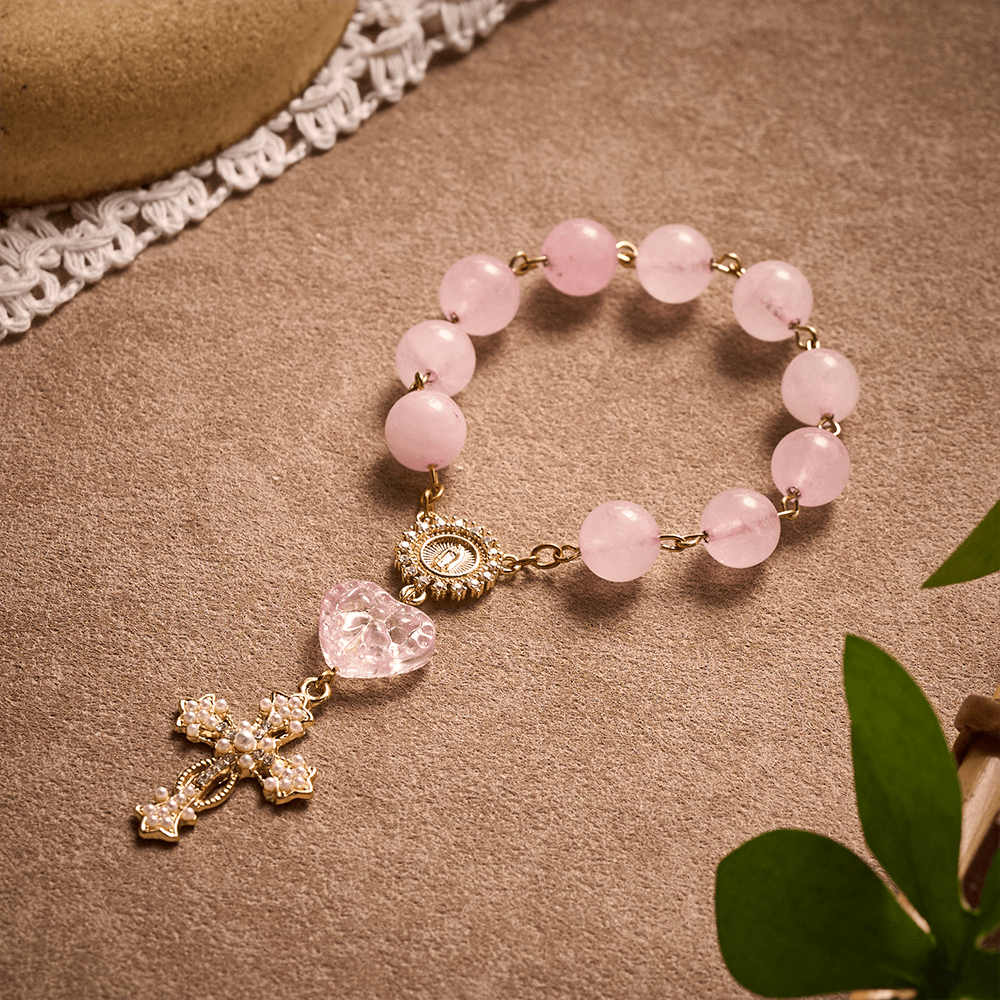 SolaceBeads Artisan Rose Quartz Pocket Rosary: Soft Pink Beads with Sacred Cross & Marian Accents - Pink - image 0