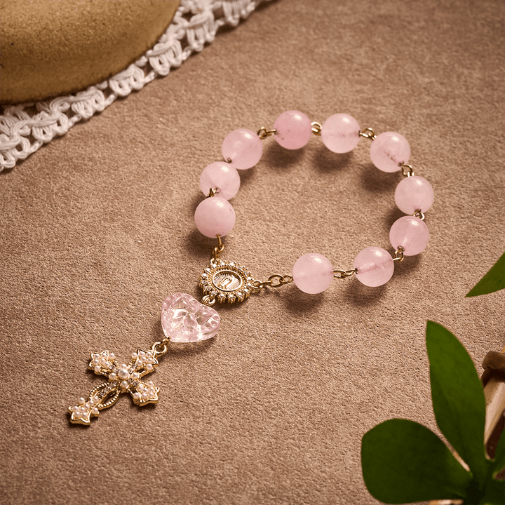 SolaceBeads Artisan Rose Quartz Pocket Rosary: Soft Pink Beads with Sacred Cross &amp; Marian Accents - Pink - image 0