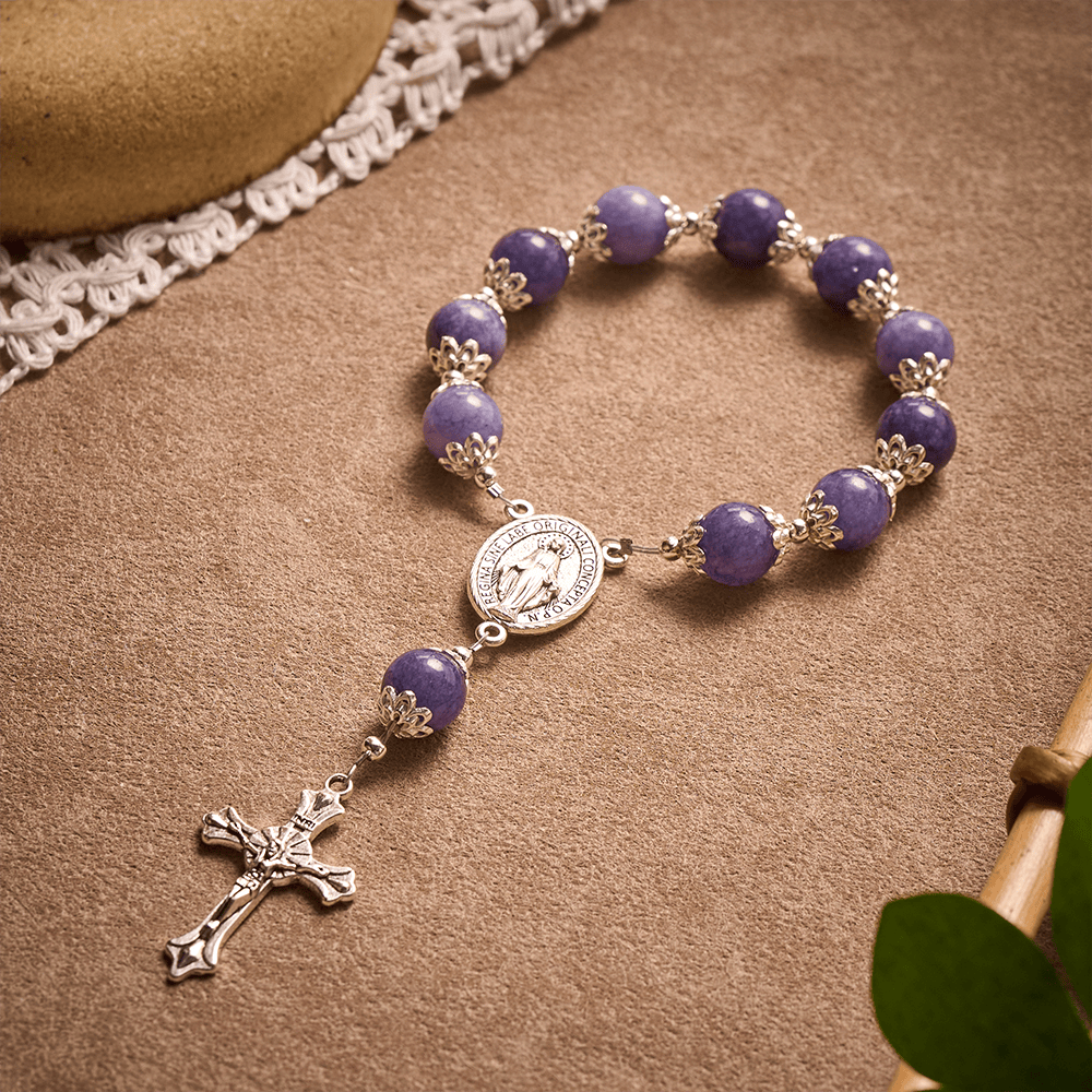 SolaceBeads Purple Chalcedony Pocket Rosary with Marian Medal & Crucifix Charm - Purple - image 0