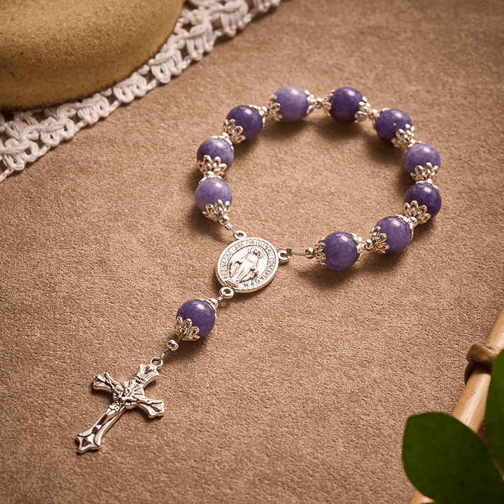 SolaceBeads Purple Chalcedony Pocket Rosary with Marian Medal &amp; Crucifix Charm - Purple - image 0