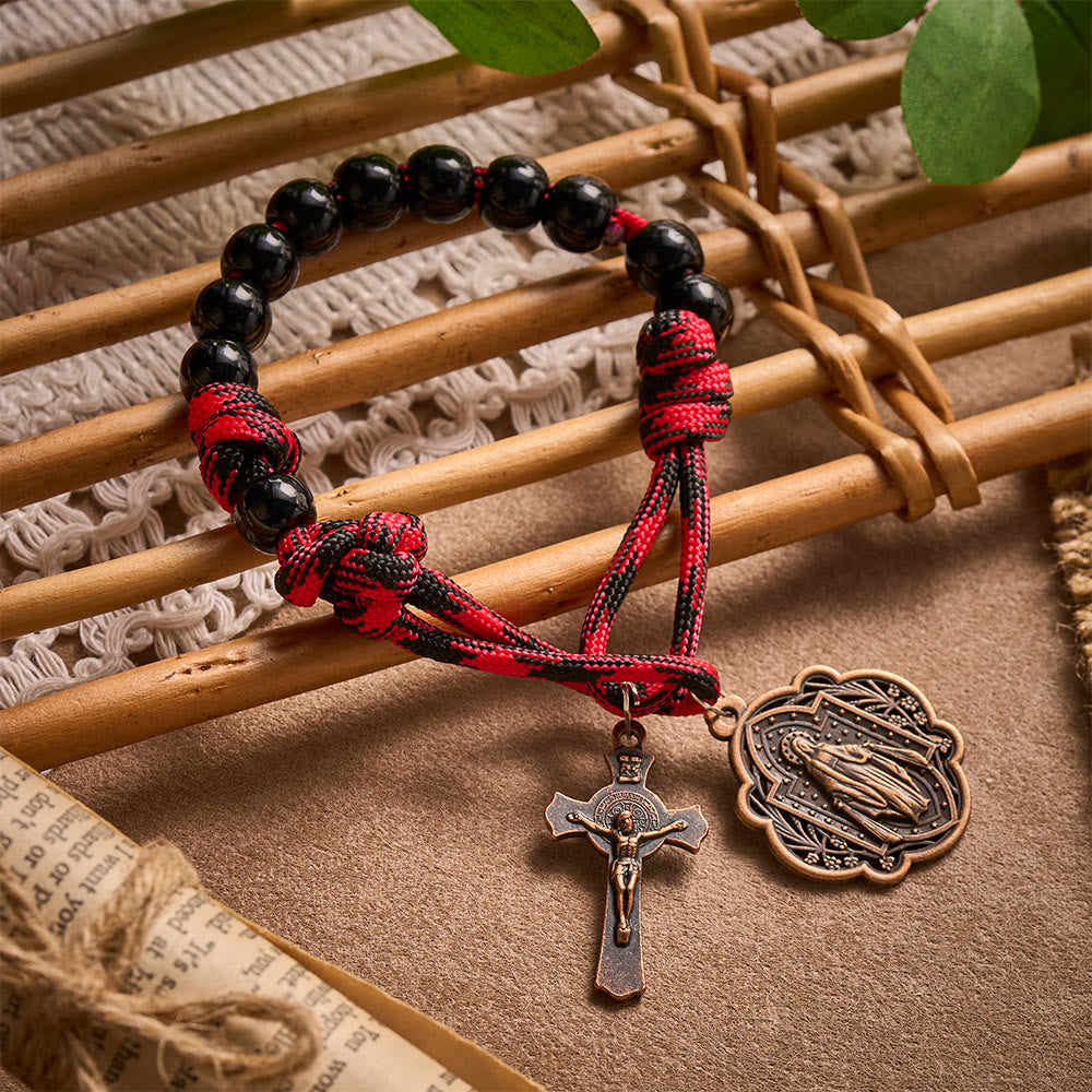 SolaceBeads Black Pocket Rosary With Miraculous Medal & St. Benedict Crucifix: Antique Bronze Faith - Black - image 0