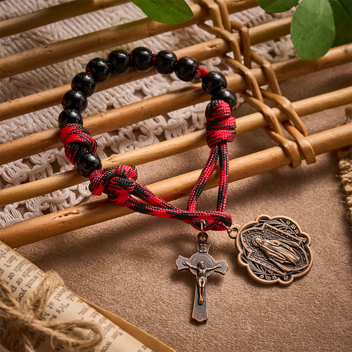 SolaceBeads Black Pocket Rosary With Miraculous Medal &amp; St. Benedict Crucifix: Antique Bronze Faith - Black - image 0