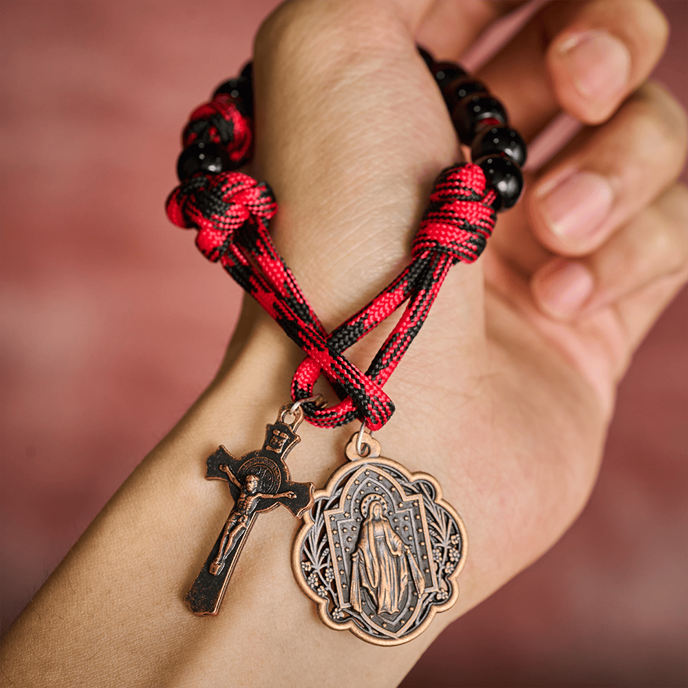 SolaceBeads Black Pocket Rosary With Miraculous Medal &amp; St. Benedict Crucifix: Antique Bronze Faith - image 1