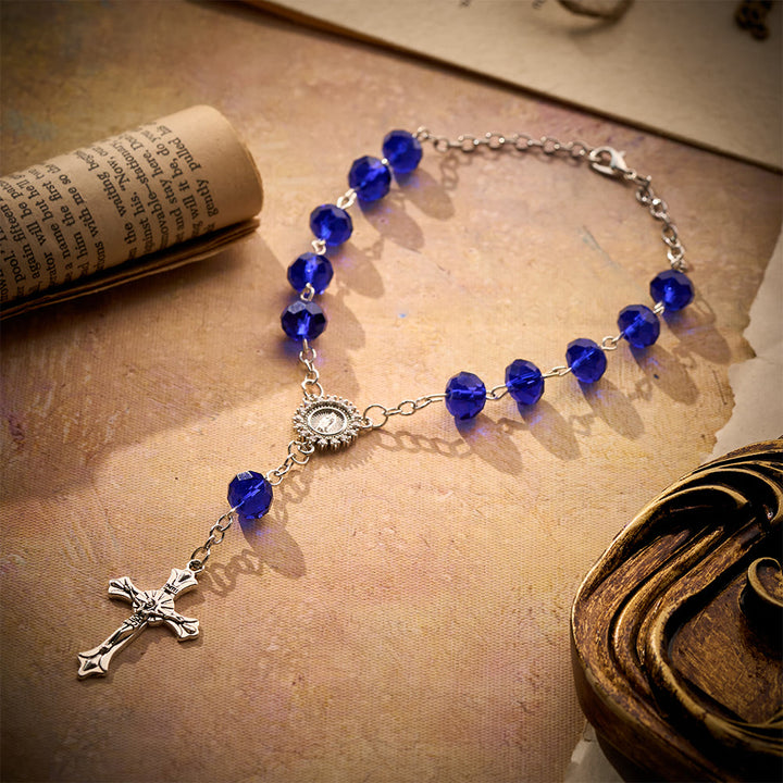SolaceBeads Blue Cut Crystal Glass Car Rosary with Marian Medal &amp; Silver Cross Charm - Blue - image 0