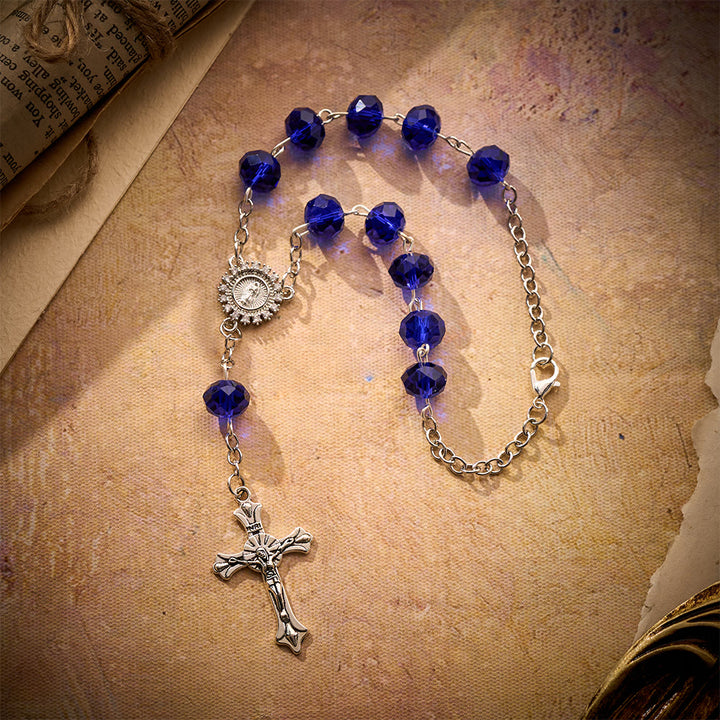 SolaceBeads Blue Cut Crystal Glass Car Rosary with Marian Medal &amp; Silver Cross Charm - image 6