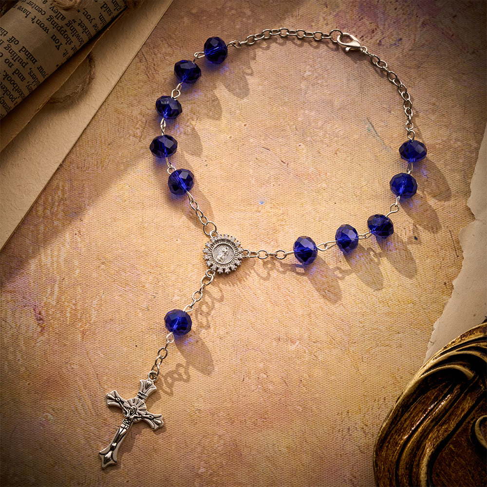 SolaceBeads Blue Cut Crystal Glass Car Rosary with Marian Medal &amp; Silver Cross Charm - image 2