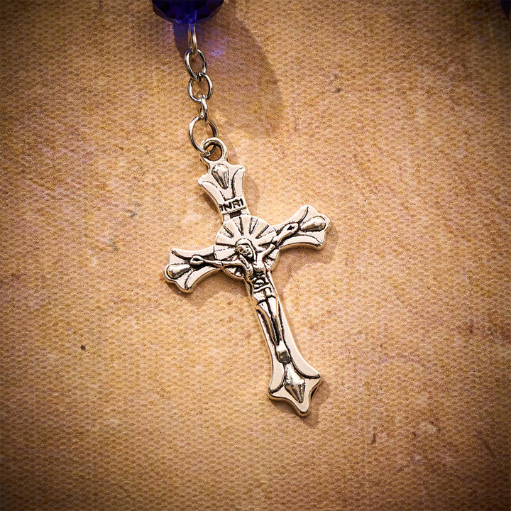 SolaceBeads Blue Cut Crystal Glass Car Rosary with Marian Medal &amp; Silver Cross Charm - image 5