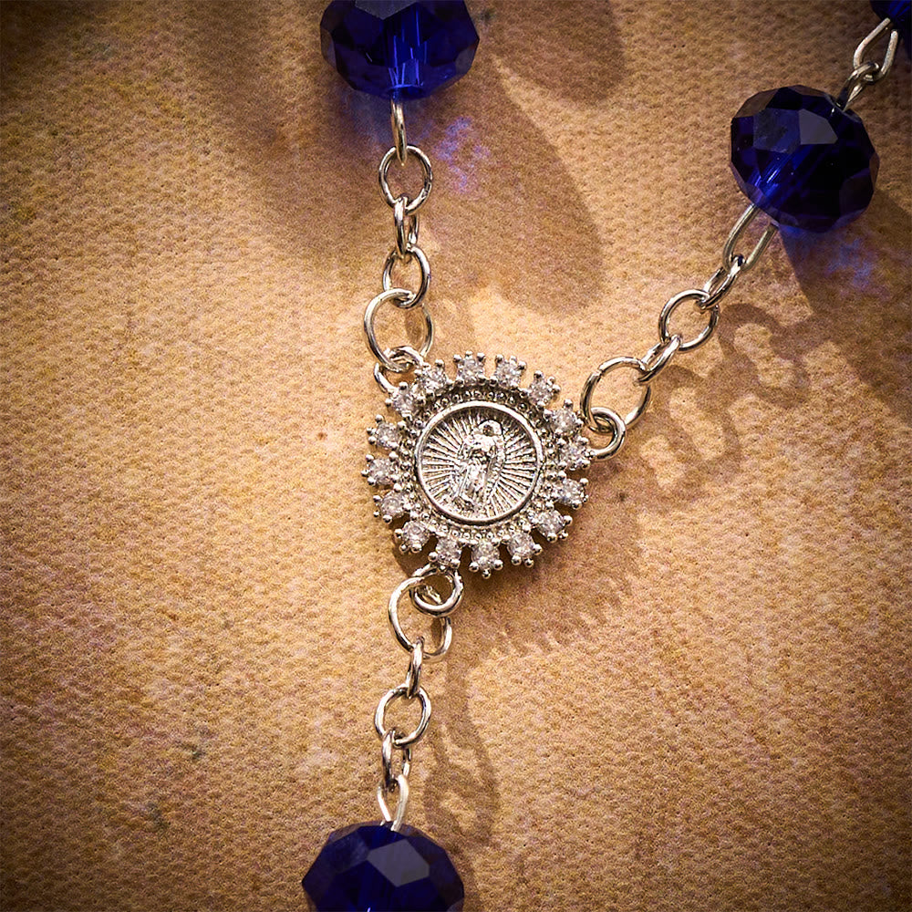 SolaceBeads Blue Cut Crystal Glass Car Rosary with Marian Medal &amp; Silver Cross Charm - image 4