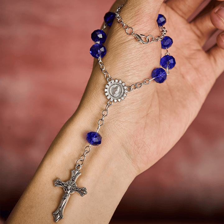 SolaceBeads Blue Cut Crystal Glass Car Rosary with Marian Medal &amp; Silver Cross Charm - image 1
