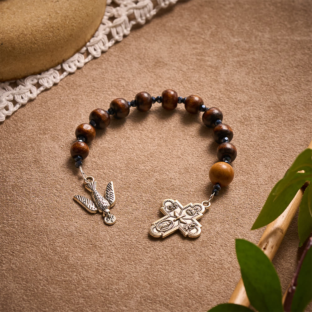 Solacebeads Maple &amp; Peach Wood Pocket Rosary: Dove Of Peace - With Holy Spirit Dove &amp; Four-Way Cross - image 1