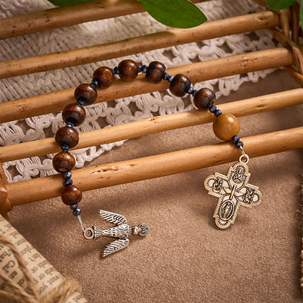 Solacebeads Maple & Peach Wood Pocket Rosary: Dove Of Peace - With Holy Spirit Dove & Four-Way Cross - Maple Wood & Peach Wood - image 0