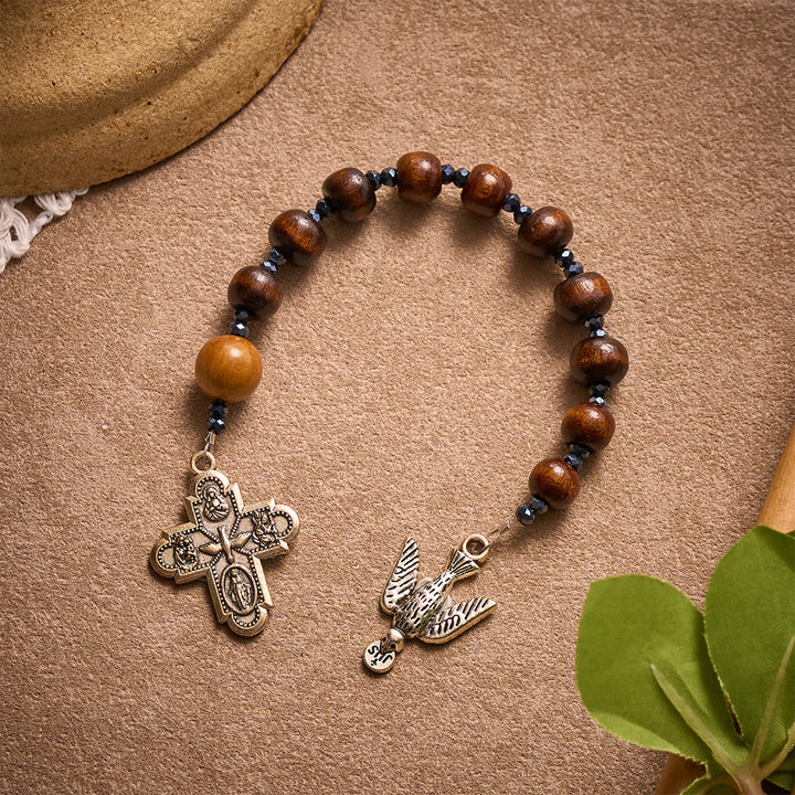 Solacebeads Maple &amp; Peach Wood Pocket Rosary: Dove Of Peace - With Holy Spirit Dove &amp; Four-Way Cross - image 2