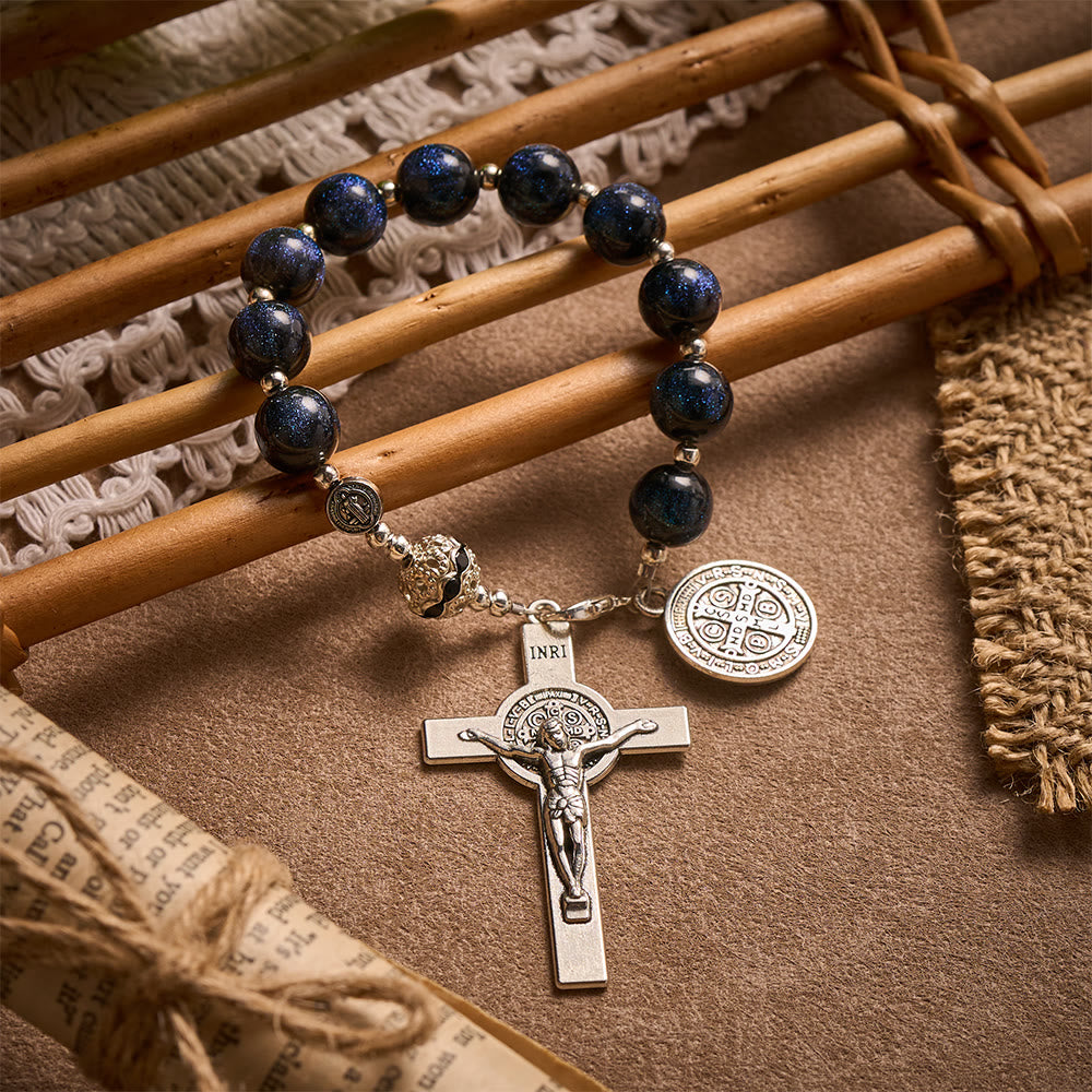 Solacebeads Black Starry Beads Car Rosary: Starry Protection -  With St. Benedict Crucifix &amp; Medal - image 2