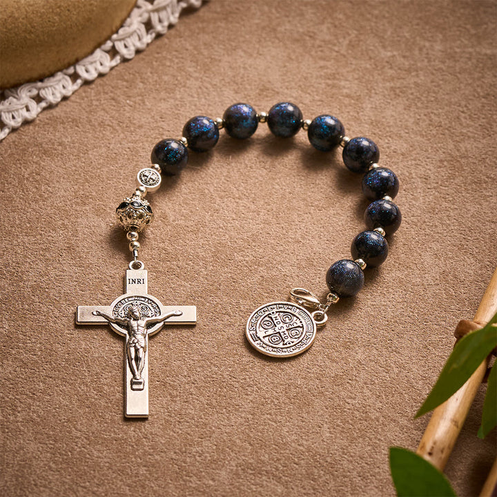 Solacebeads Black Starry Beads Car Rosary: Starry Protection -  With St. Benedict Crucifix &amp; Medal - image 8