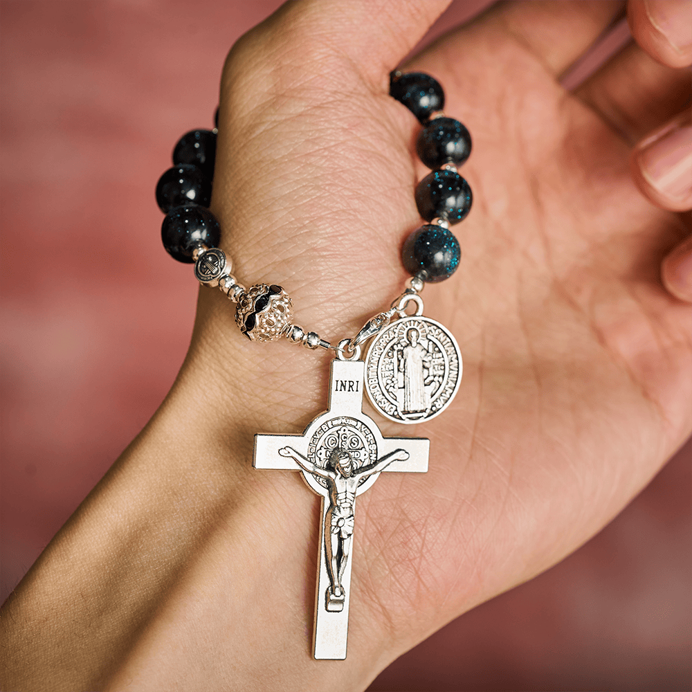 Solacebeads Black Starry Beads Car Rosary: Starry Protection -  With St. Benedict Crucifix &amp; Medal - image 1