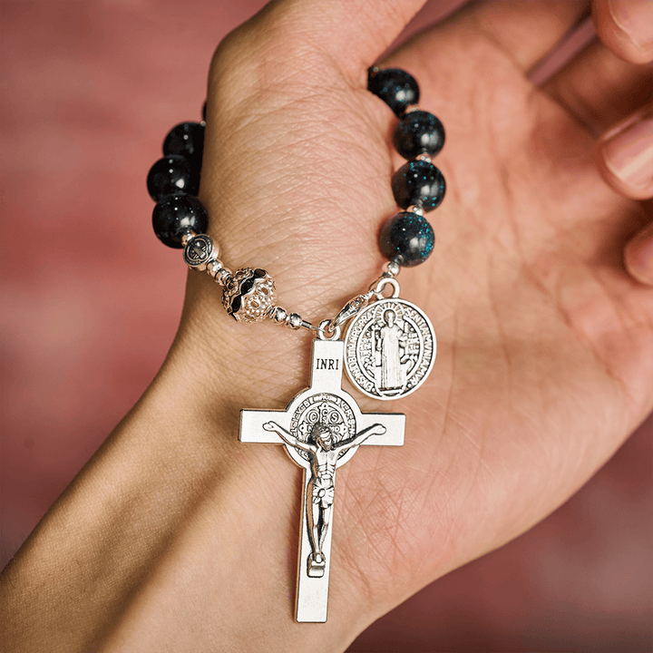Solacebeads Black Starry Beads Car Rosary: Starry Protection -  With St. Benedict Crucifix &amp; Medal - image 1