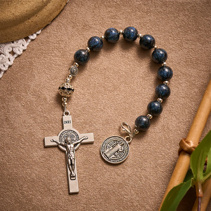 Solacebeads Black Starry Beads Car Rosary: Starry Protection -  With St. Benedict Crucifix &amp; Medal - image 9