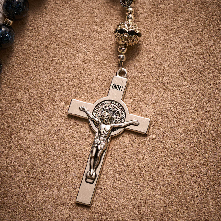 Solacebeads Black Starry Beads Car Rosary: Starry Protection -  With St. Benedict Crucifix &amp; Medal - image 7