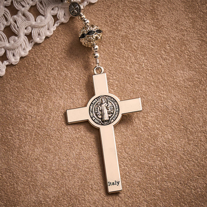 Solacebeads Black Starry Beads Car Rosary: Starry Protection -  With St. Benedict Crucifix &amp; Medal - image 6