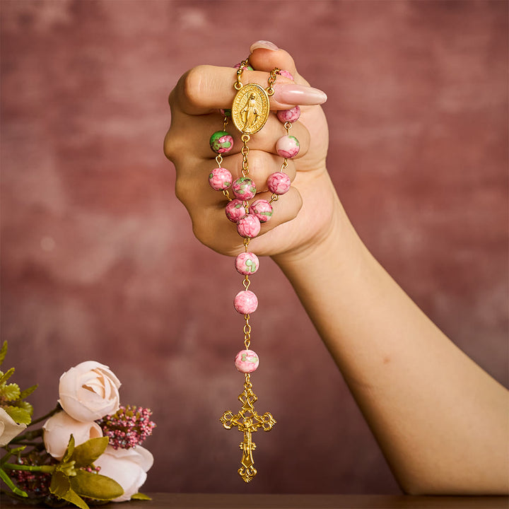 SolaceBeads Pink &amp; Green Rainstone Car Rosary: Vibrant Hues with Sacred Marian &amp; Cross Accents - image 1