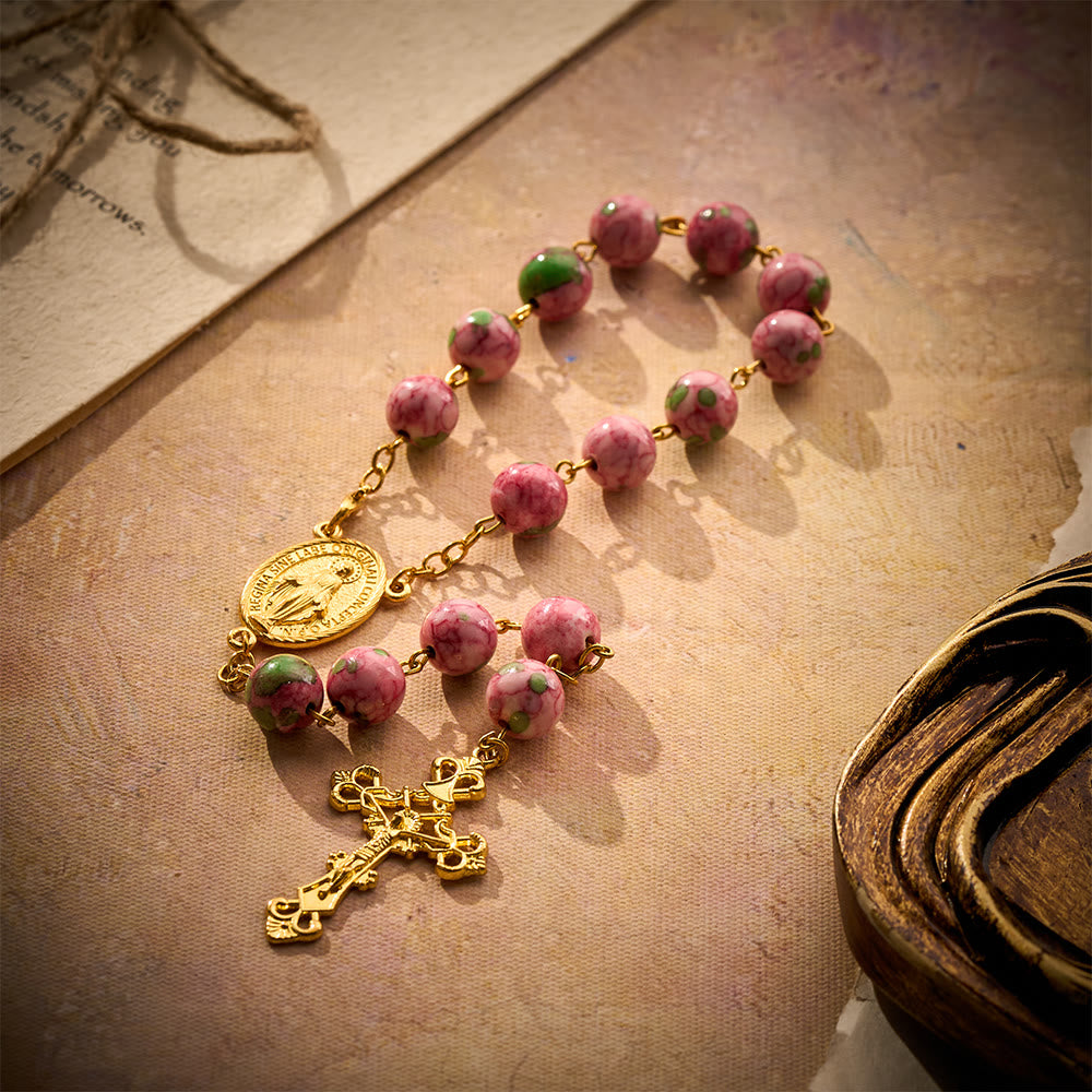SolaceBeads Pink &amp; Green Rainstone Car Rosary: Vibrant Hues with Sacred Marian &amp; Cross Accents - image 6