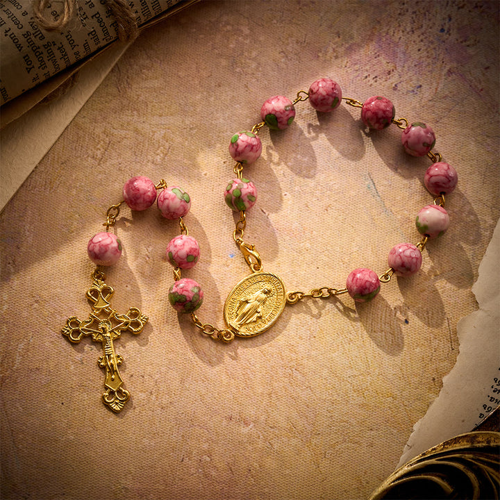 SolaceBeads Pink &amp; Green Rainstone Car Rosary: Vibrant Hues with Sacred Marian &amp; Cross Accents - Pink &amp; Green - image 0