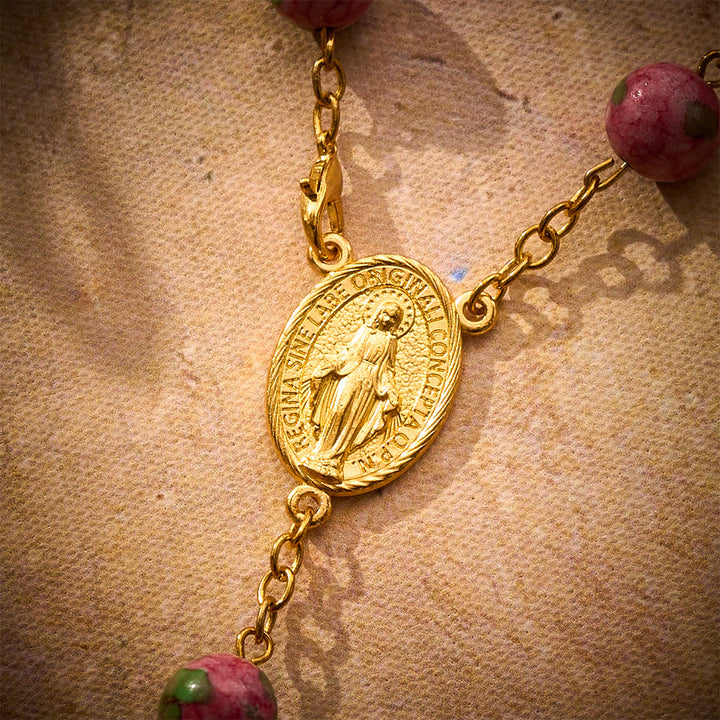 SolaceBeads Pink &amp; Green Rainstone Car Rosary: Vibrant Hues with Sacred Marian &amp; Cross Accents - image 4