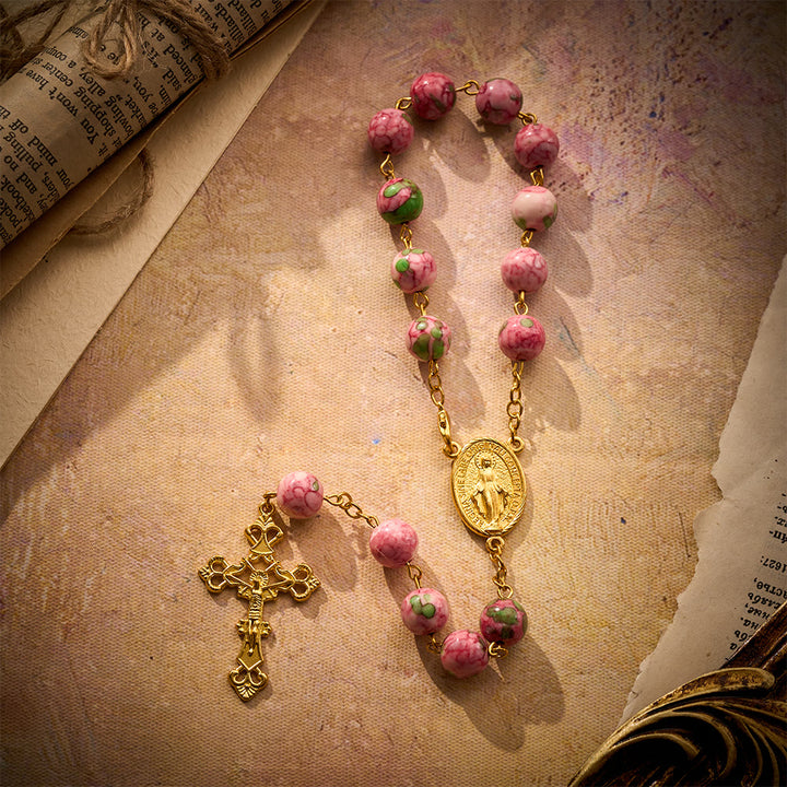 SolaceBeads Pink &amp; Green Rainstone Car Rosary: Vibrant Hues with Sacred Marian &amp; Cross Accents - image 2