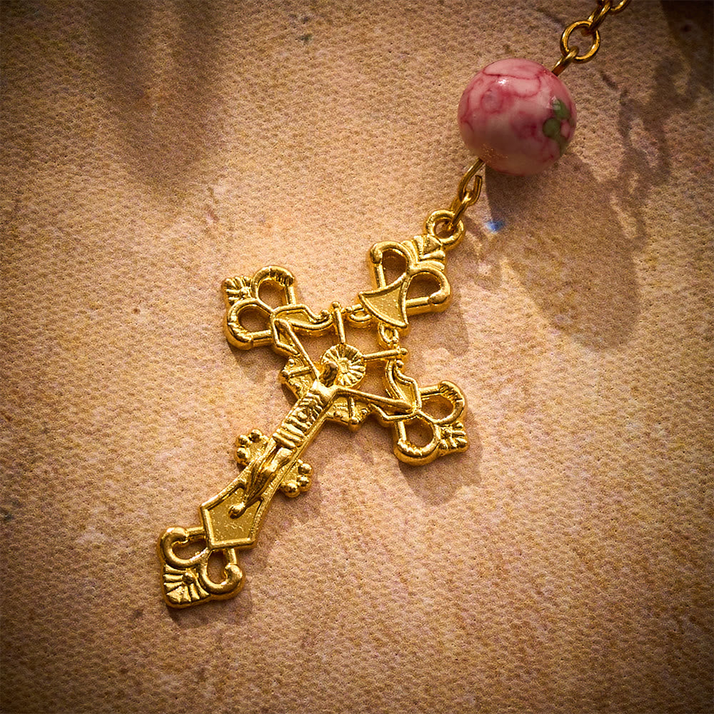 SolaceBeads Pink &amp; Green Rainstone Car Rosary: Vibrant Hues with Sacred Marian &amp; Cross Accents - image 5