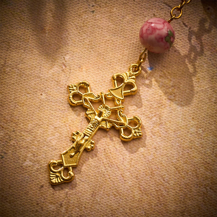 SolaceBeads Pink &amp; Green Rainstone Car Rosary: Vibrant Hues with Sacred Marian &amp; Cross Accents - image 5