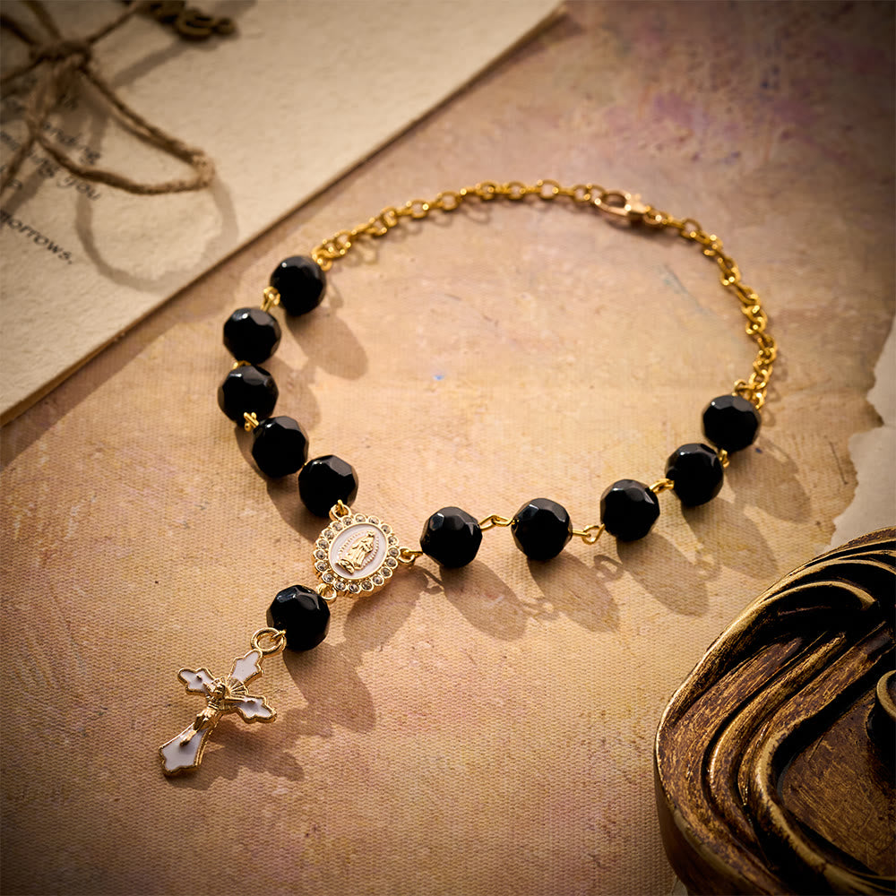 SolaceBeads Black Faceted Glass Car Rosary: Traveler's Grace - Miraculous Medal & Cross - Black - image 0