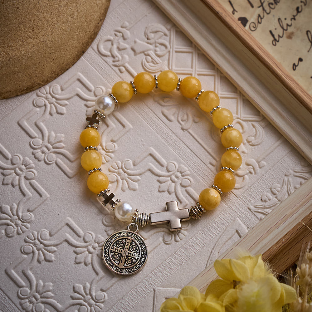 SolaceBeads Yellow Chalcedony Rosary Bracelet with St. Benedict Medal &amp; Cross Accents - image 4