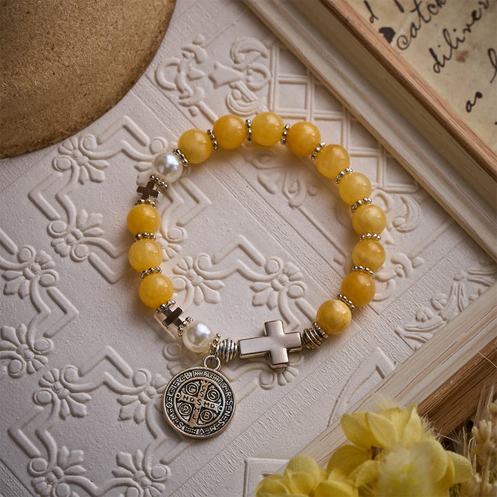SolaceBeads Yellow Chalcedony Rosary Bracelet with St. Benedict Medal &amp; Cross Accents - image 4