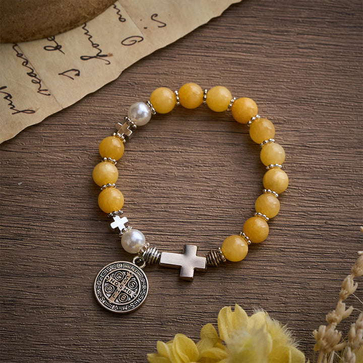 SolaceBeads Yellow Chalcedony Rosary Bracelet with St. Benedict Medal &amp; Cross Accents - image 1