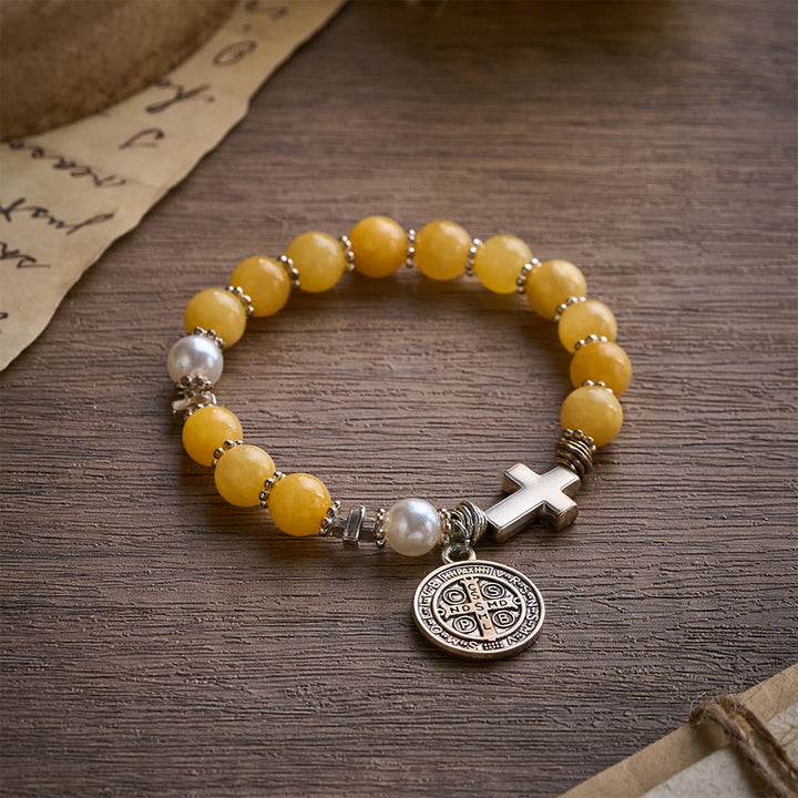 SolaceBeads Yellow Chalcedony Rosary Bracelet with St. Benedict Medal &amp; Cross Accents - Yellow - image 0