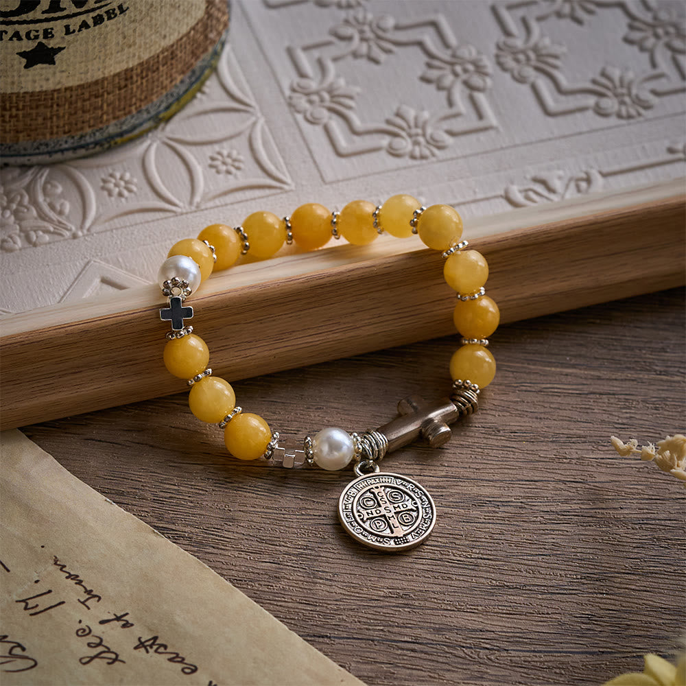SolaceBeads Yellow Chalcedony Rosary Bracelet with St. Benedict Medal &amp; Cross Accents - image 5