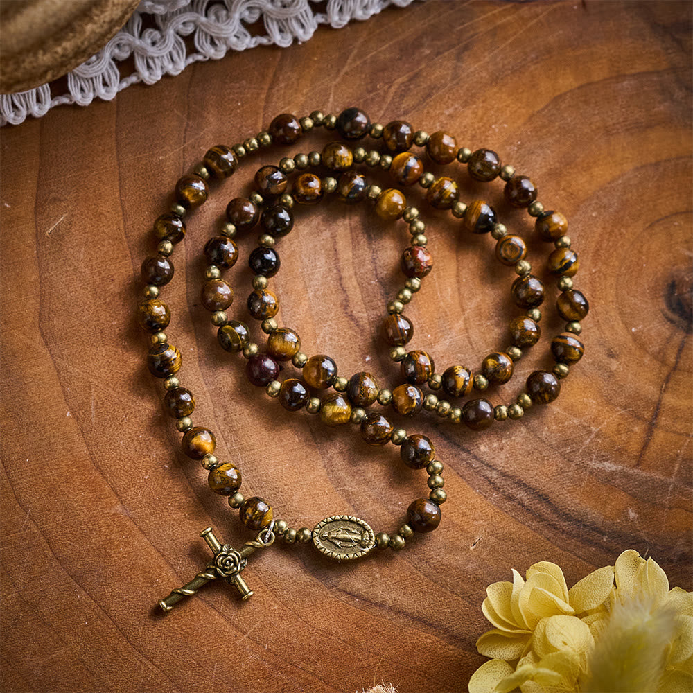 SolaceBeads Natural Tiger's Eye Rosary Bracelet: Golden Devotion - Miraculous Medal & Rose Cross - Tiger's Eye Gemstone - image 0