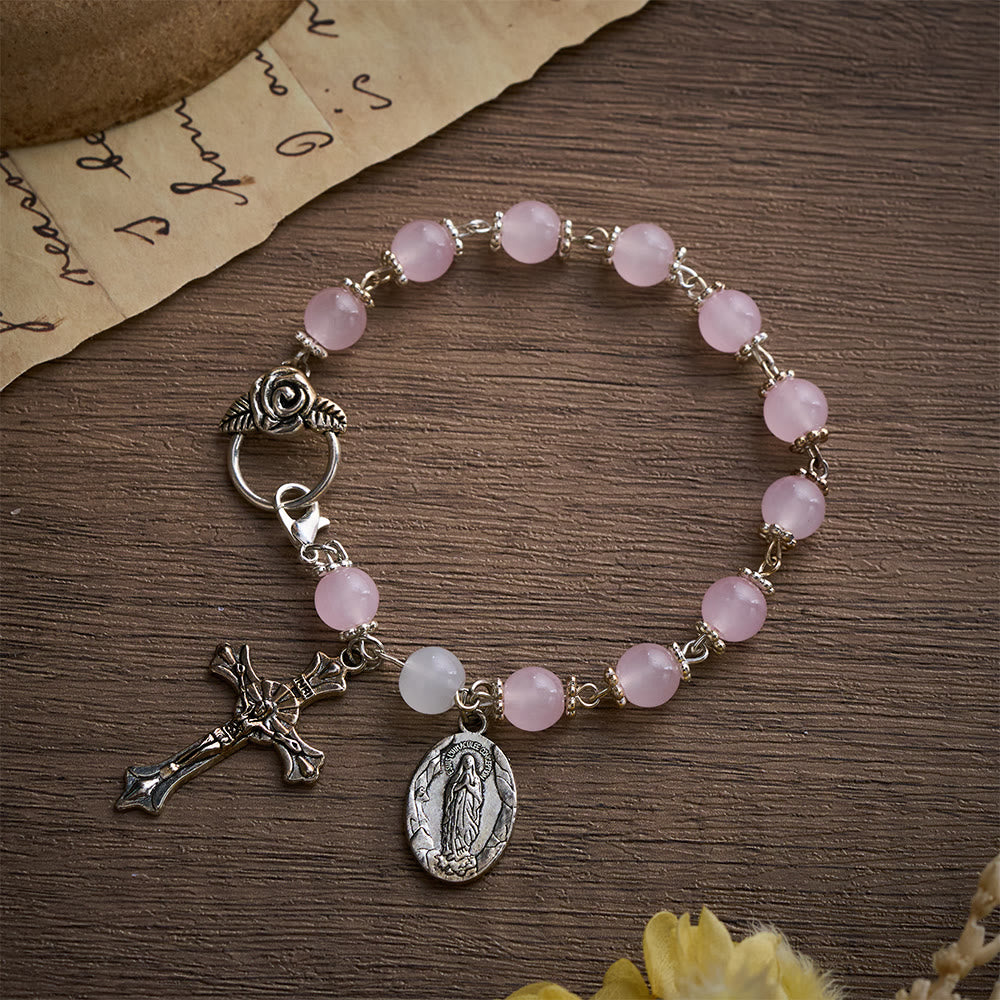 SolaceBeads Pink Stone Rosary Bracelet with Marian Medal, Cross &amp; Rose Details - image 2
