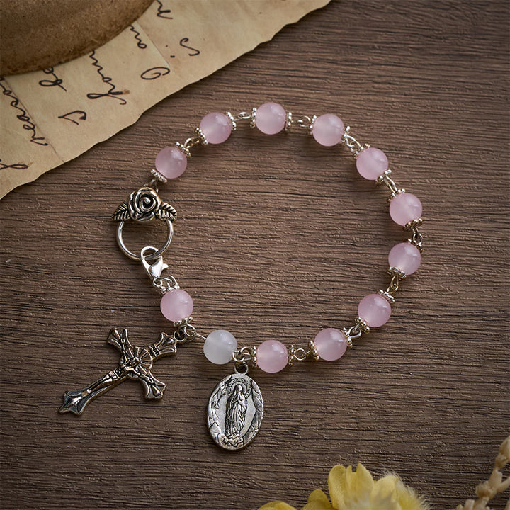 SolaceBeads Pink Stone Rosary Bracelet with Marian Medal, Cross &amp; Rose Details - image 2